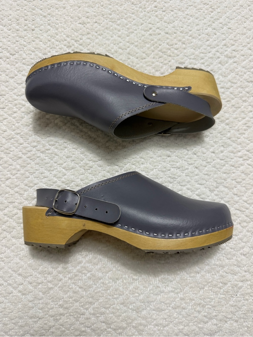 Swedish Wooden Clogs Gray Blue Leather Slingback Mule Shoes Womens Sz 41 US 10